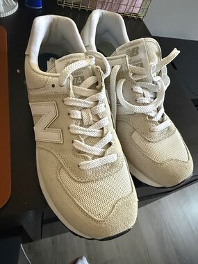 New Balance Beige and White 574 Classic Sneakers
